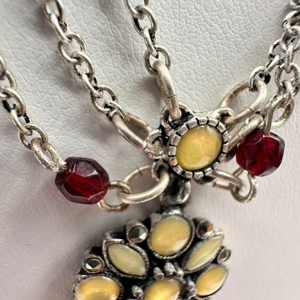 Vintage 20s Yellow Flower Pendant Silver Tone Multi-Strand‎ Necklace Jewelry
